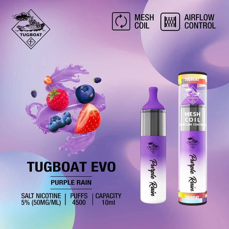 Tugboat EVO 4500 Puffs disposable vape in Purple Rain flavor – fruity mixed berries, 5% nicotine, available at Crown Vape Dubai.