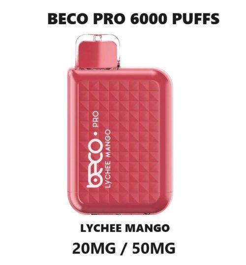 BECO 6000 Puffs Lychee Mango disposable vape with 5% nicotine, 20ml e-liquid and rechargeable battery – now available at Crown Vape Dubai.